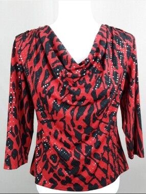S.L. Fashions Women's Red Black Animal Print Cowl Neck Long Sleeve Top Size PS